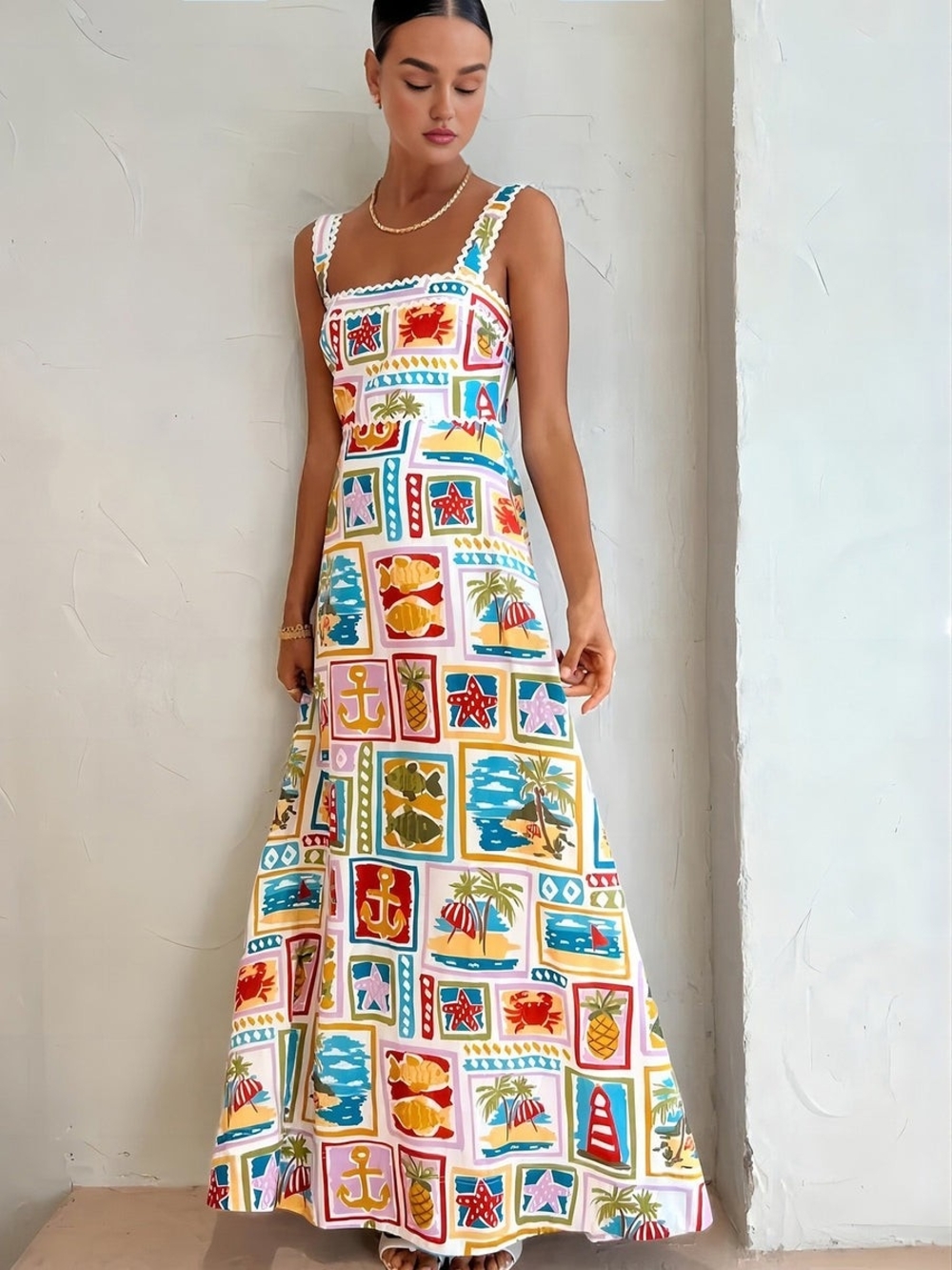 Commense Tropical Patchwork Print Maxi Dress - White Multicolor